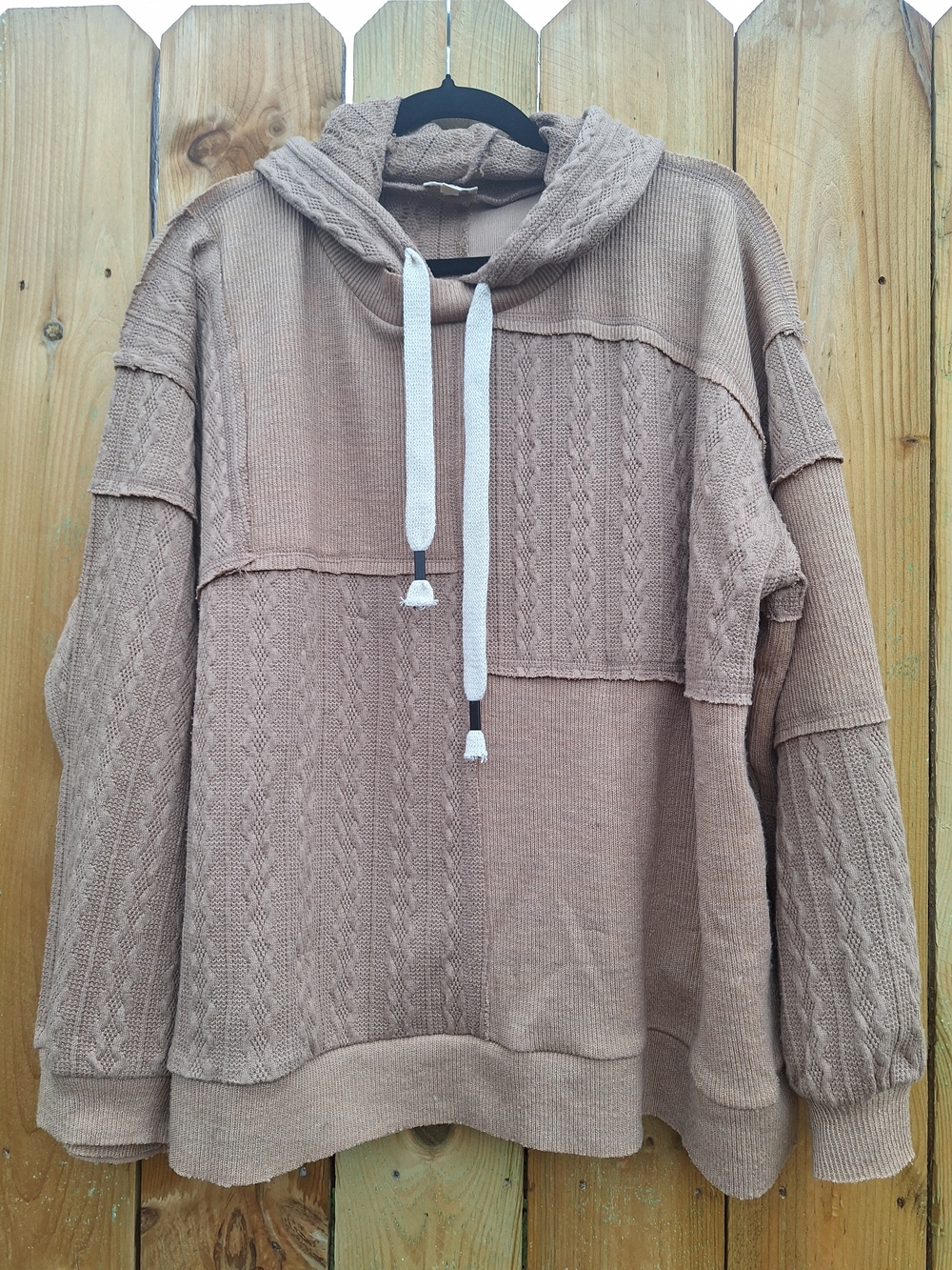 POL Women's Patchwork Cable-Knit Hoodie in Taupe Size Large